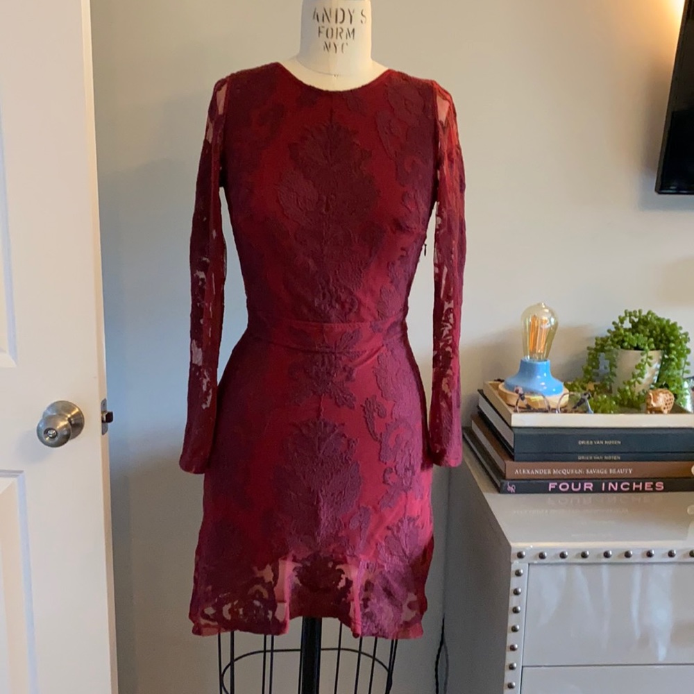 For Love & lemons red lace cocktail dress with low back.